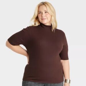 Brown Ribbed Mock Neck Top